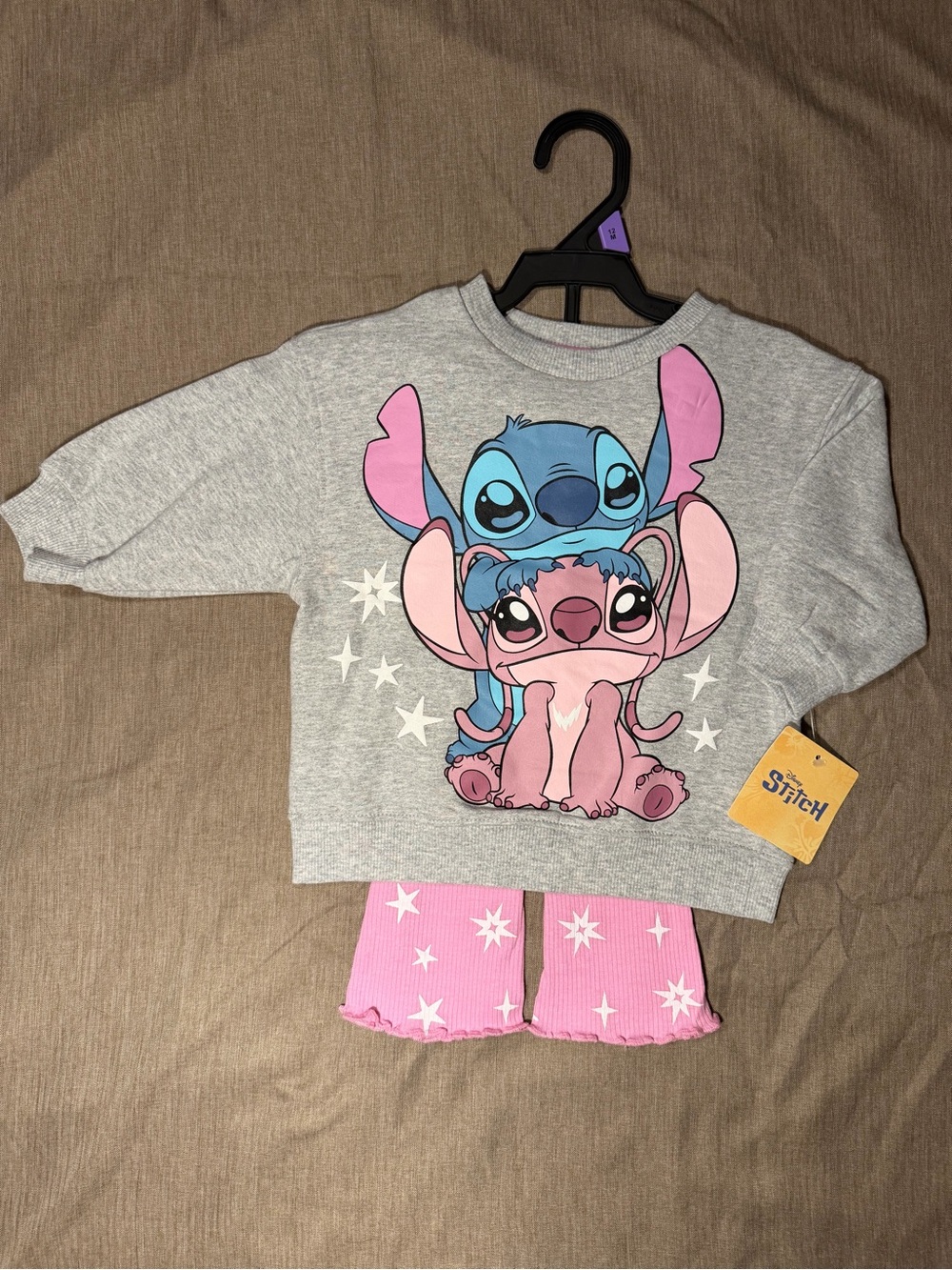 NWT Disney Stitch Girls 2PC Outfit – Sweatshirt + Flare Pants Pink/Gray Size 12M